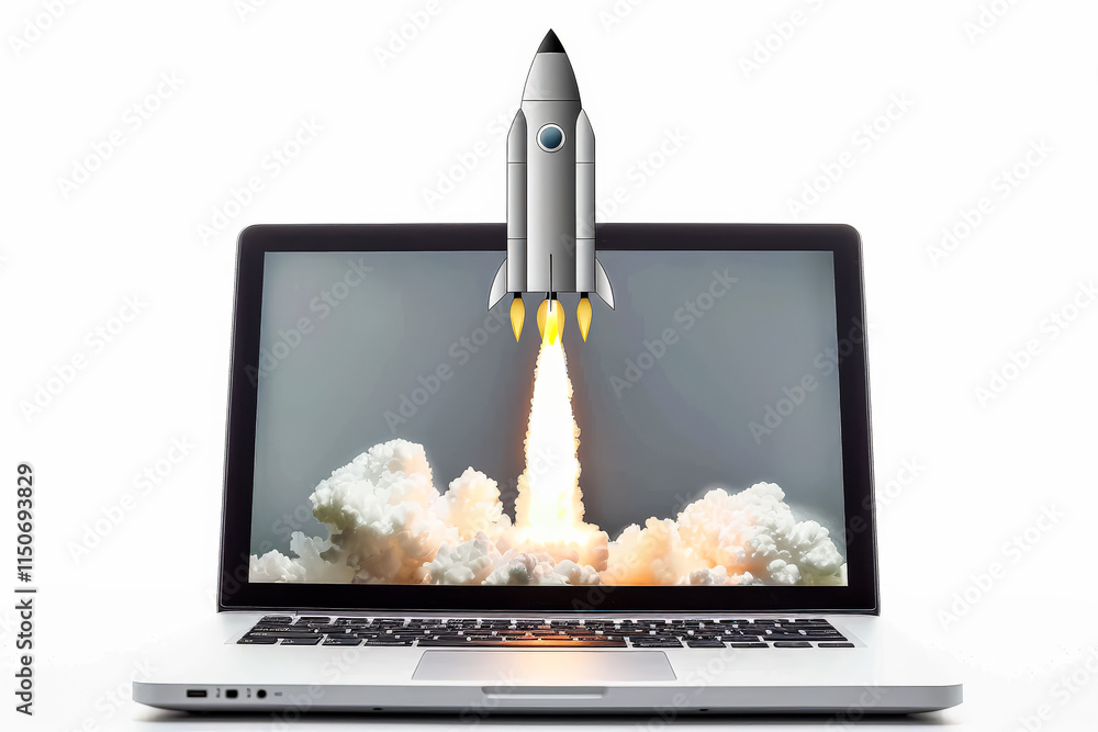 Poster laptop computer is shown with a rocket launching from it. the rocket is in the air and has a trail o