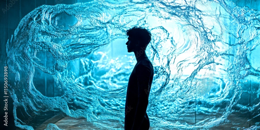 Poster a silhouette of a person stands against a mesmerizing backdrop. blue swirling patterns create an oth