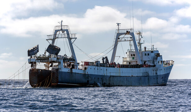 Fishing vessel lifts a trawl tackle off the southern tip of Africa.