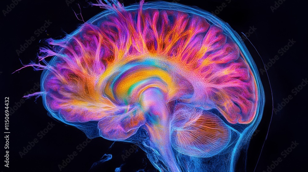 Poster vibrant abstract illustration of human brain with colorful patterns