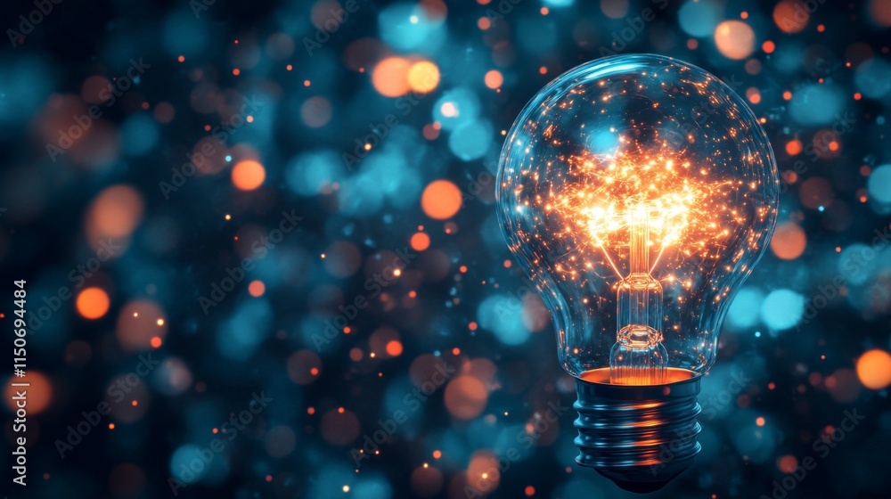 Poster bright light bulb with sparkling bokeh background and warm glow