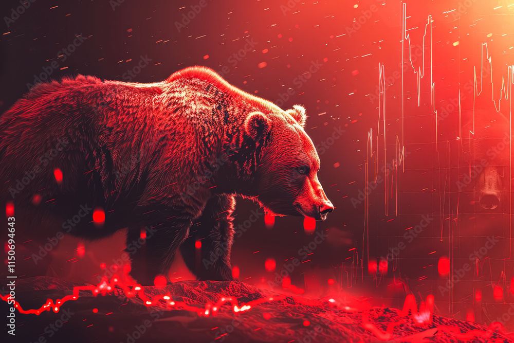 Poster bear is standing in front of a red background with a series of red lines. the bear is looking at the