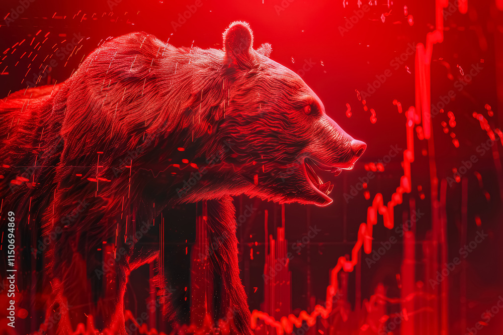 Aufkleber bear is standing in front of a red background with a series of red lines. the bear is looking at the