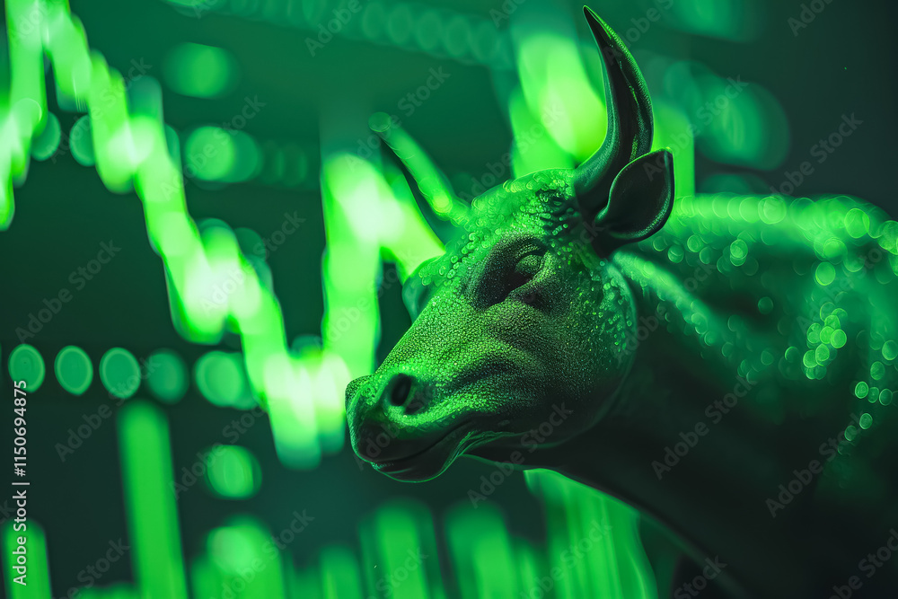 Aufkleber bull with a green face is in front of a green background with a lot of numbers. the bull is surround