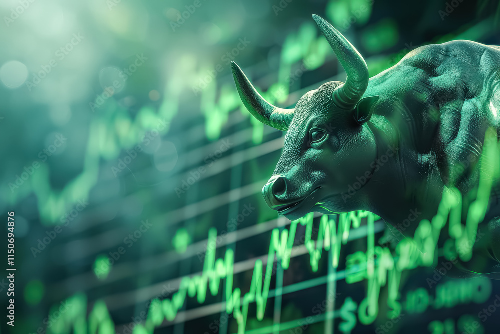 Aufkleber bull is shown in front of a screen with a lot of numbers and graphs. concept of chaos and confusion,