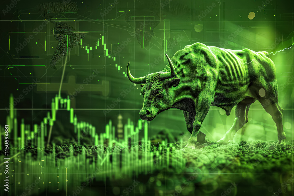 Poster bull is shown in front of a screen with a lot of numbers and graphs. concept of chaos and confusion,