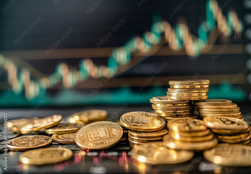 Poster pile of gold coins on a dark background. the coins are stacked on top of each other, creating a sens