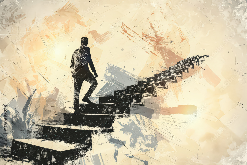 Poster man is walking up a set of stairs. concept of progress and growth, as the man is moving up the steps