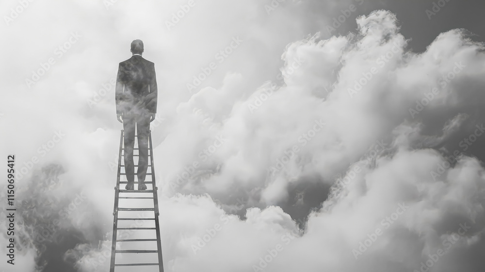 Aufkleber man stands on a ladder looking up at the sky. the sky is cloudy and the man is looking up at somethi