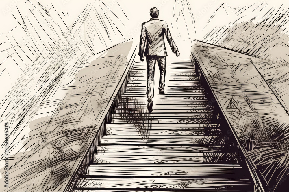 Poster man is walking up a set of stairs. concept of determination and progress, as the man is climbing the