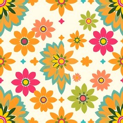 Vibrant Floral Fiesta: A seamless pattern of colorful, stylized flowers in a retro-inspired design. Perfect for adding a touch of summery charm to any project. 
