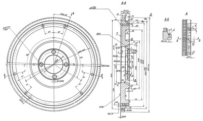 Flywheel assembly drawing. Engineering mechanical industrial cad scheme on white paper sheet. 
Technology design of machine building industry. 
Computer technic machined template.