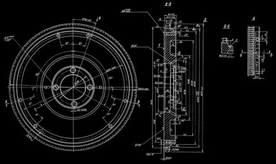 Flywheel assembly drawing.
Engineering mechanical industrial cad scheme on  paper sheet. 
Technology design of machine building industry. 
Computer technic machined template.