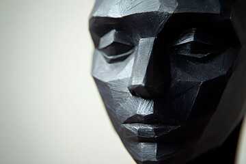 Unique metal sculptural face with intricate geometric details displayed in artistic setting