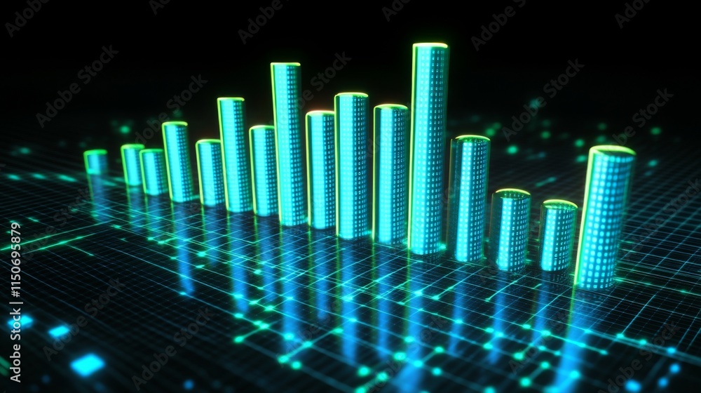 Poster neon bar graph with digital background for data visualization concepts