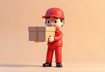 Delivery courier man in red uniform holding cardboard package box. Safe delivery of goods concept. 3d vector people character illustration. Cartoon minimal style.
