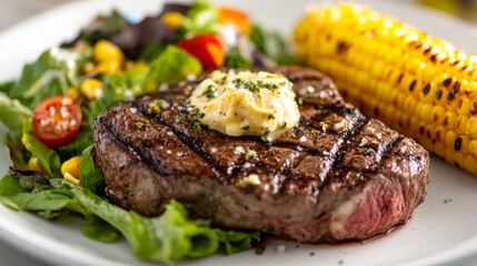 Grilled Steak with Herb Butter, Corn, and Fresh Garden Salad
