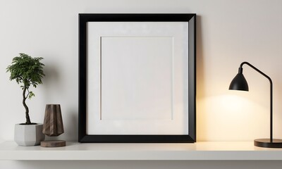 Modern Minimalist Home Decor: Blank Frame, Bonsai Tree, and Desk Lamp