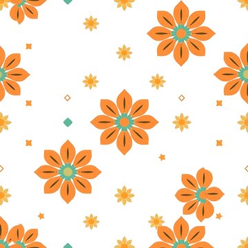 Floral Fiesta: A vibrant and cheerful seamless pattern featuring stylized orange flowers and small yellow accents on a white background. Perfect for textile design, wallpapers, and more. 