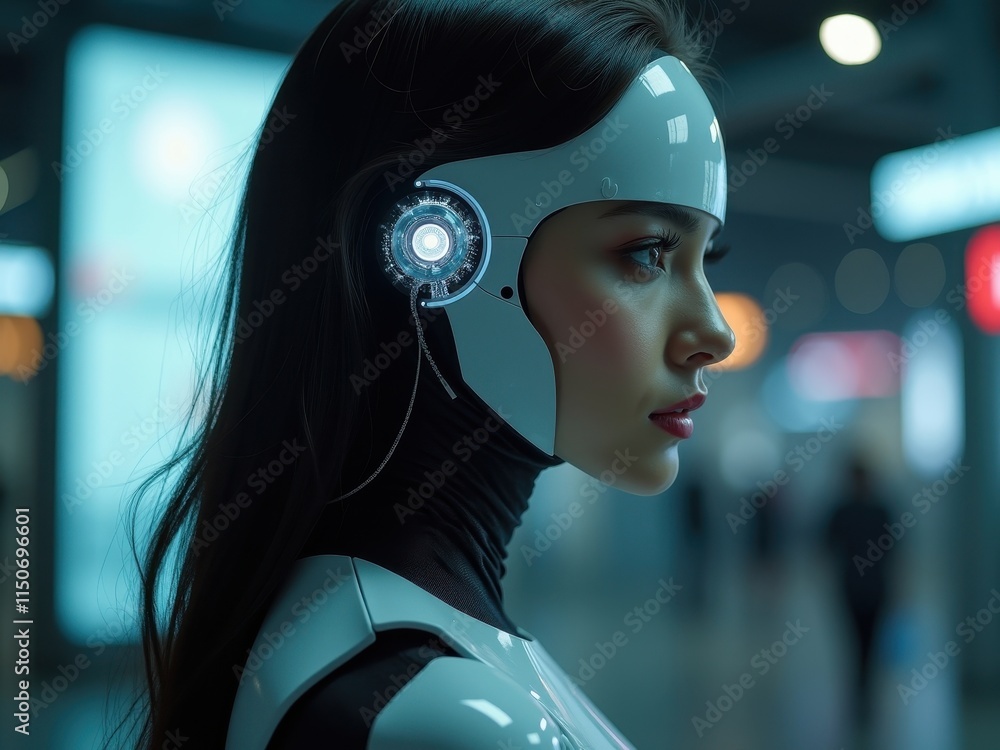 Poster robot woman in futuristic attire explores a high-tech environment with glowing elements during a neo