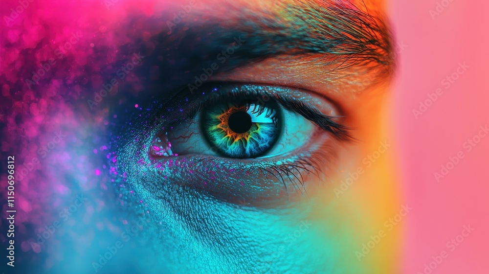 Poster a close-up of a vibrant, multicolored eye, showcasing intricate details and a striking mix of colors