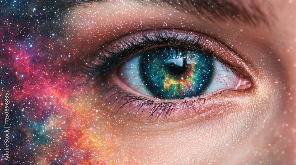 Poster a close-up of an eye reflecting a vibrant galaxy, blending cosmic elements with human features, crea
