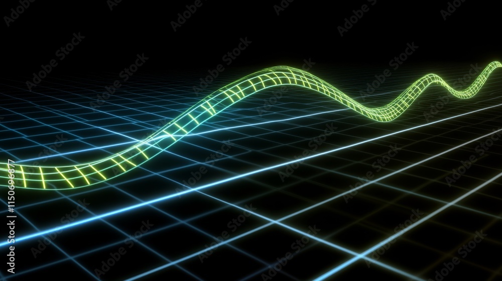 Poster abstract green wave on digital grid background in dark environment