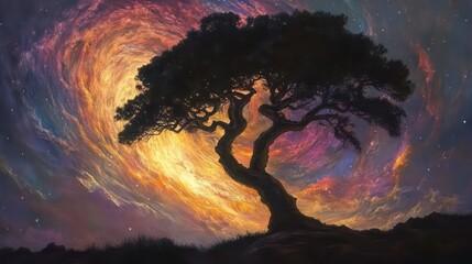 Silhouette of a tree against a swirling, colorful, cosmic background.