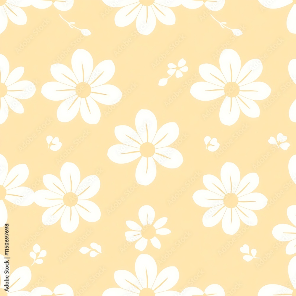 Poster pastel daisy delight: a charming seamless pattern featuring delicate white daisies on a soft yellow 