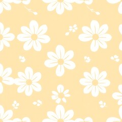 Fototapeta premium Pastel Daisy Delight: A charming seamless pattern featuring delicate white daisies on a soft yellow background. Perfect for adding a touch of springtime elegance to your designs. 