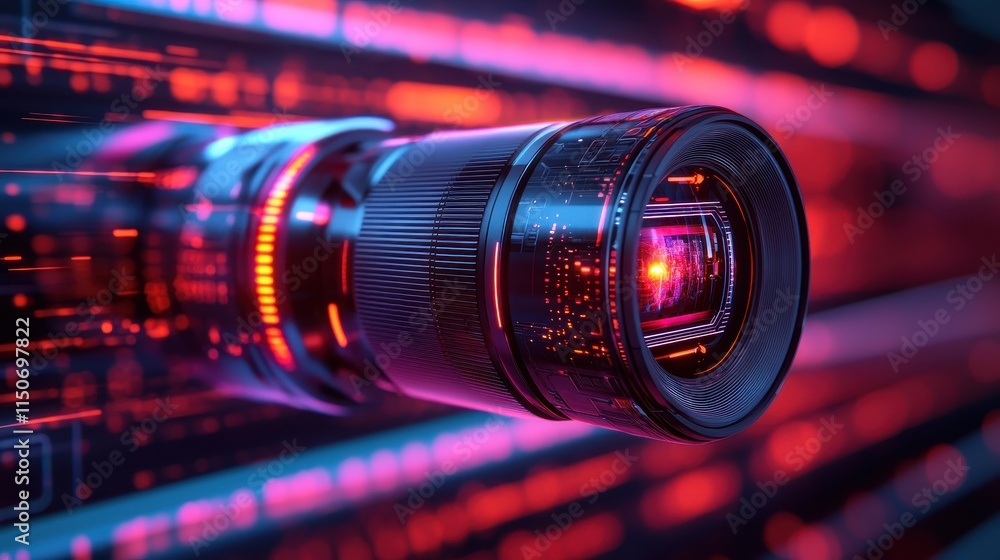 Poster a close-up of a camera lens illuminated by vibrant red and blue lights against a background of digit