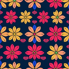 Vibrant Floral Pattern: A delightful, colorful seamless pattern featuring stylized flowers in shades of pink, yellow, orange, and blue against a rich navy background.