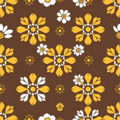 Retro Floral Pattern: A timeless and vibrant seamless pattern featuring stylized yellow and white flowers on a rich brown background. Perfect for adding a touch of vintage charm to your projects. 
