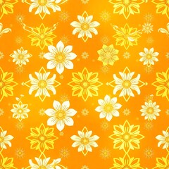 Sunny Floral Delight: A vibrant, seamless pattern of stylized white flowers on a warm, golden-orange background. Perfect for textile design, wallpaper, and cheerful branding.