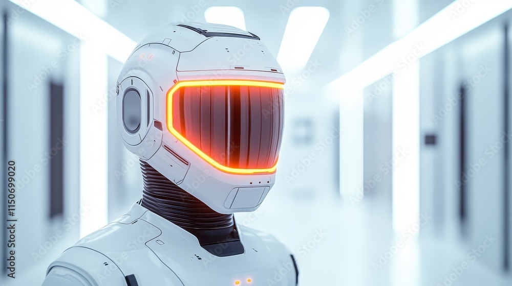 Poster a futuristic robot with an illuminated visor stands in a sleek, modern corridor, emphasizing advance