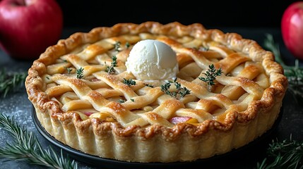 Delicious Apple Pie With Lattice Crust And Ice Cream