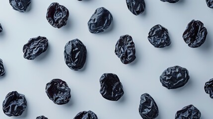 Neatly Arranged Black Prunes on Light Blue Background