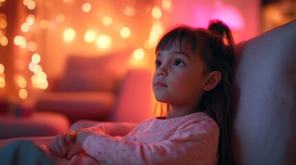 Little girl watching TV in a cozy living room.