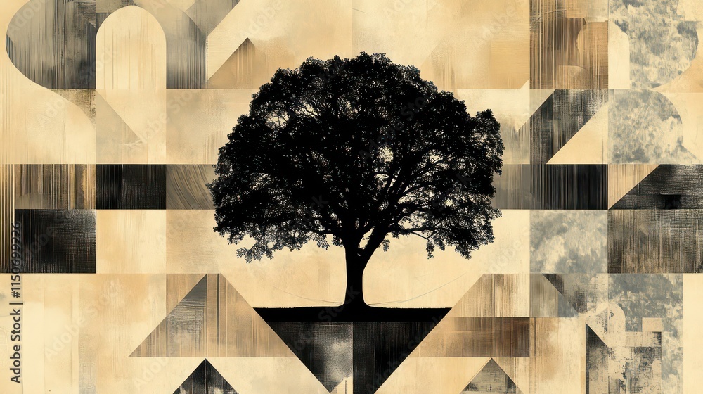 Poster silhouette of a large tree on an abstract geometric background.