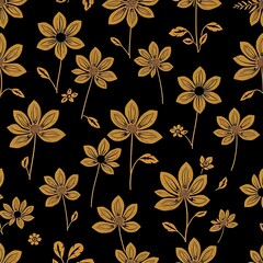 Golden Floral Seamless Pattern: A sophisticated and elegant pattern of golden flowers against a black background, perfect for adding a touch of luxury and sophistication to any design project.  