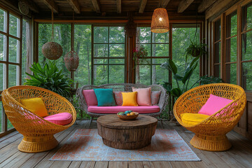 Salon Jardin d’Hiver Coloré avec Tapisserie Vinyle Botanique, Chaises en Osier Vintage Restaurées et Peintes en Tons Pastel, Table Basse en Bois Récupéré, Ambiance Intérieure-Extérieure Chaleureuse