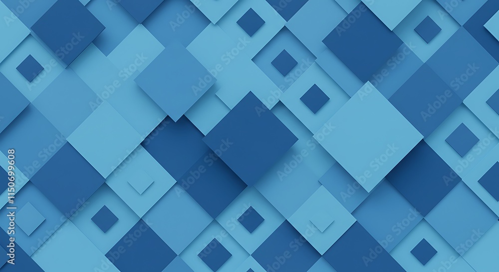Poster bold blue squares in a geometric abstract pattern. overlapping shapes create a 3d design.