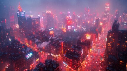 Obraz premium A vibrant, neon-lit cityscape under rain, showcasing urban life and atmosphere.
