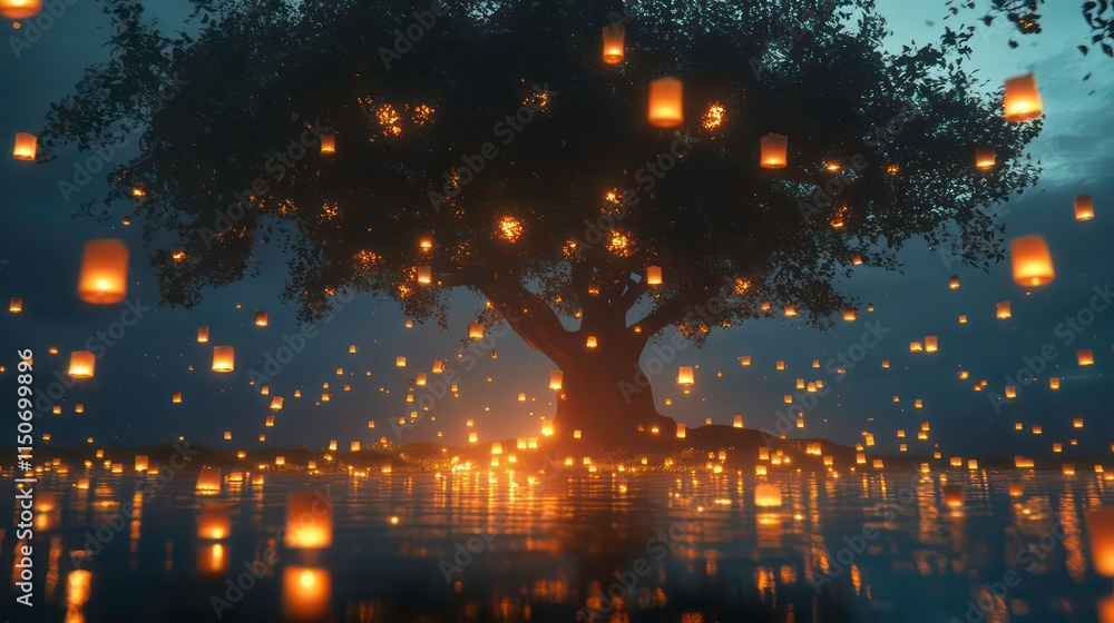 Poster magical tree surrounded by glowing lanterns floating on water at night.