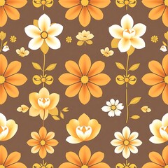 Fototapeta premium Retro Floral Delight: A vintage-inspired seamless pattern with a whimsical charm. Featuring a captivating blend of warm orange and white flower motifs against a rich brown background.