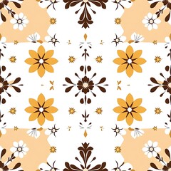 Floral Tile Pattern: This seamless pattern features a delicate blend of brown, white, and yellow floral motifs, creating a sophisticated and harmonious design. Perfect for home decor, textiles.
