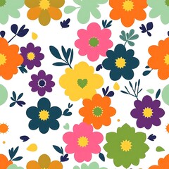 Vibrant Floral Fiesta: A cheerful, seamless pattern bursts with colorful, stylized flowers and leaves, perfect for adding a touch of spring to any project.  