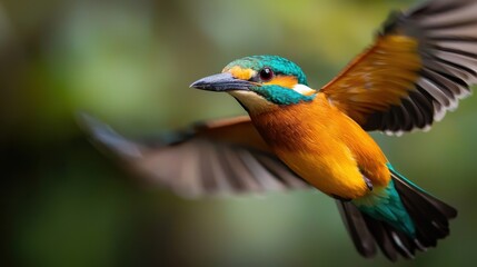 Obraz premium A vibrant bird in mid-flight, showcasing bright orange and blue feathers against a blurred natural background.