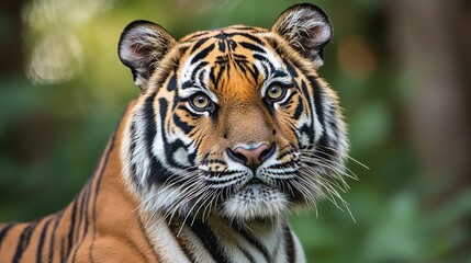 Obraz premium A majestic tiger gazes directly at the viewer, showcasing its striking orange fur and distinctive black stripes, surrounded by lush greenery.