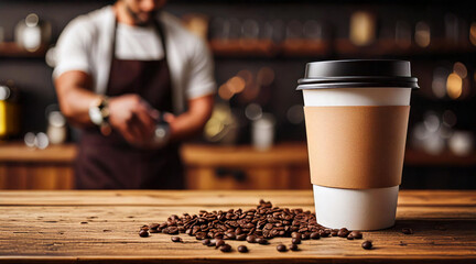 A coffee cup mockup placed on a rustic wooden counter, with coffee beans scattered around and a barista working in the blurred background
